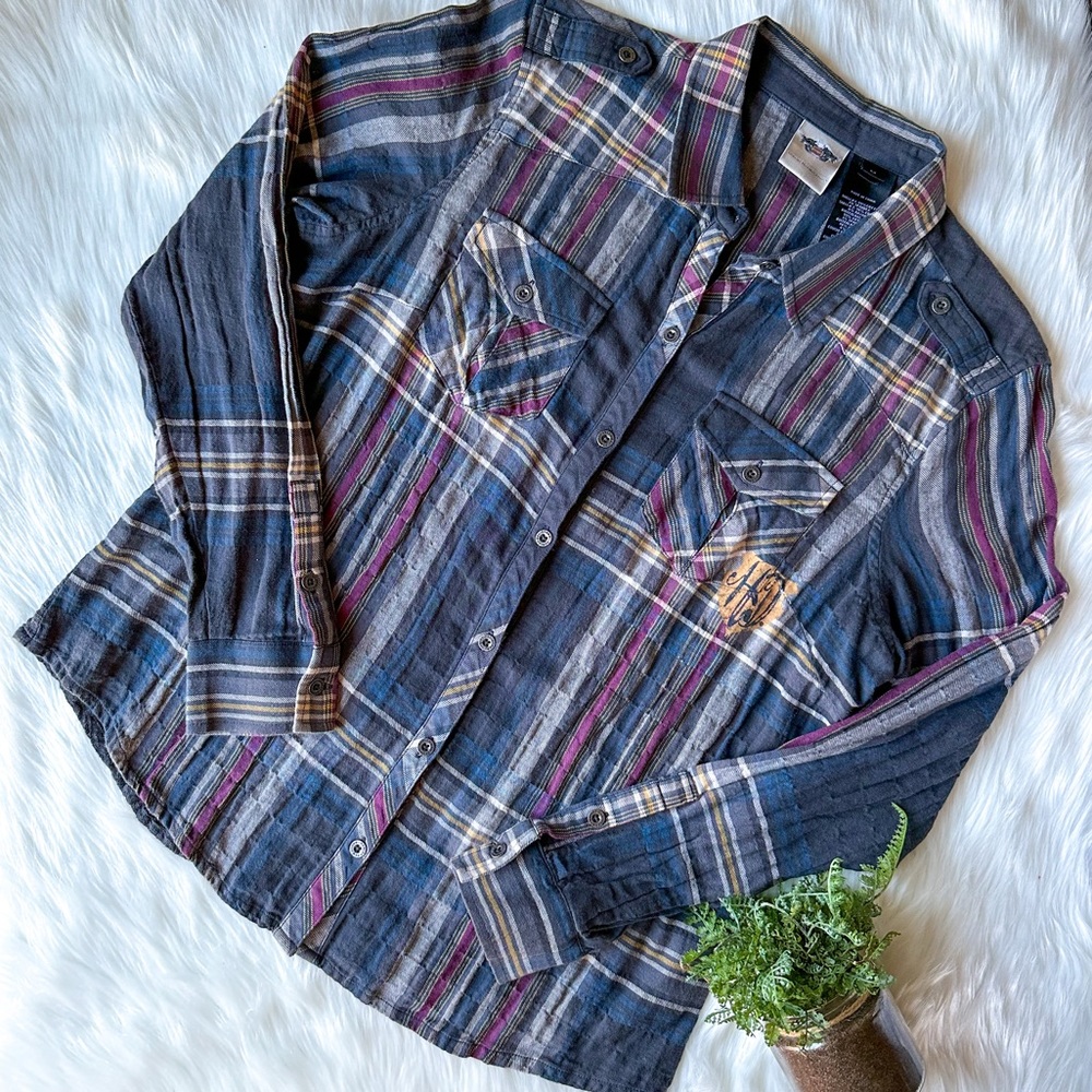 Harley Davidson Women's Textured Gauze Blue Plaid Long Sleeve Button Up Shirt M